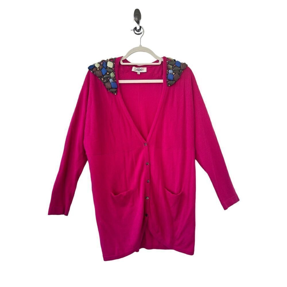 Tibi Beaded Shoulder Knitted Cashmere Cardigan Fuchsia Pink Women's Size Large